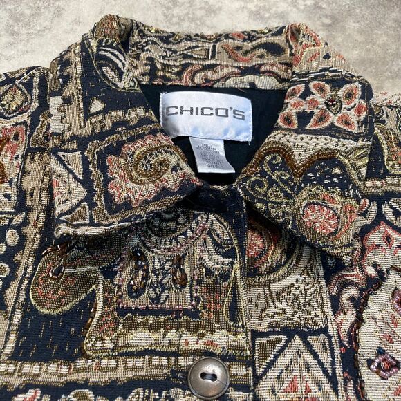 Chicos 1 M 8 Jacket Beaded Embroidered India Motif Tapestry Wearable Art Brown - Picture 2 of 12